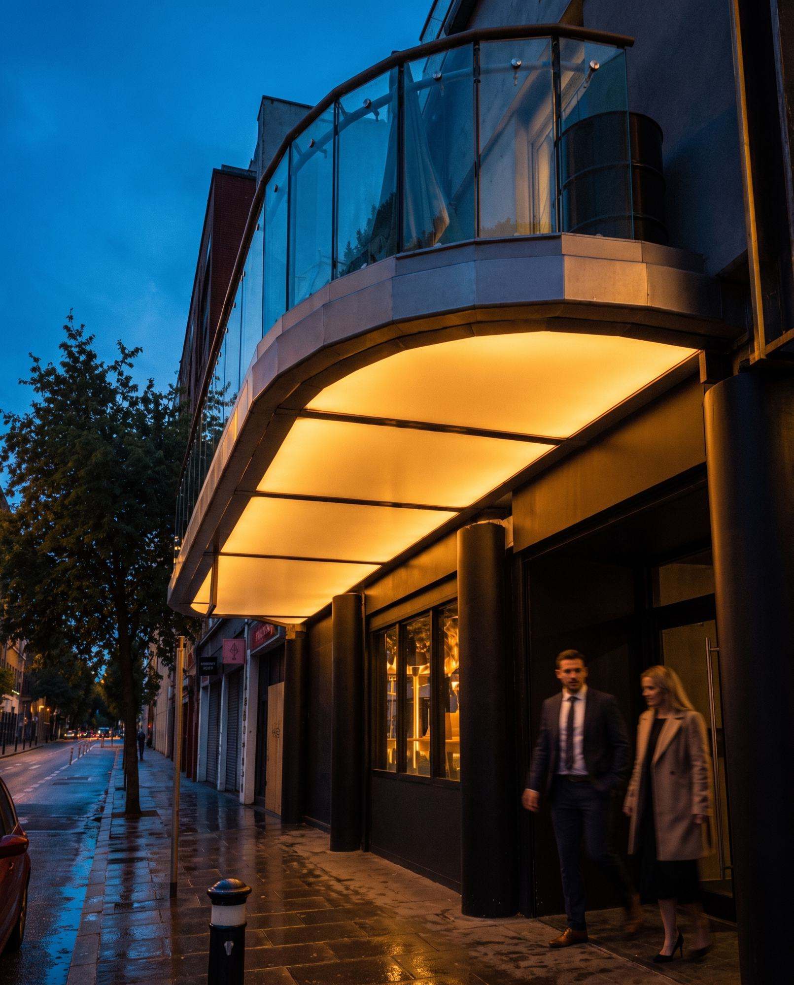 The canopy glowing over the entrance at night
