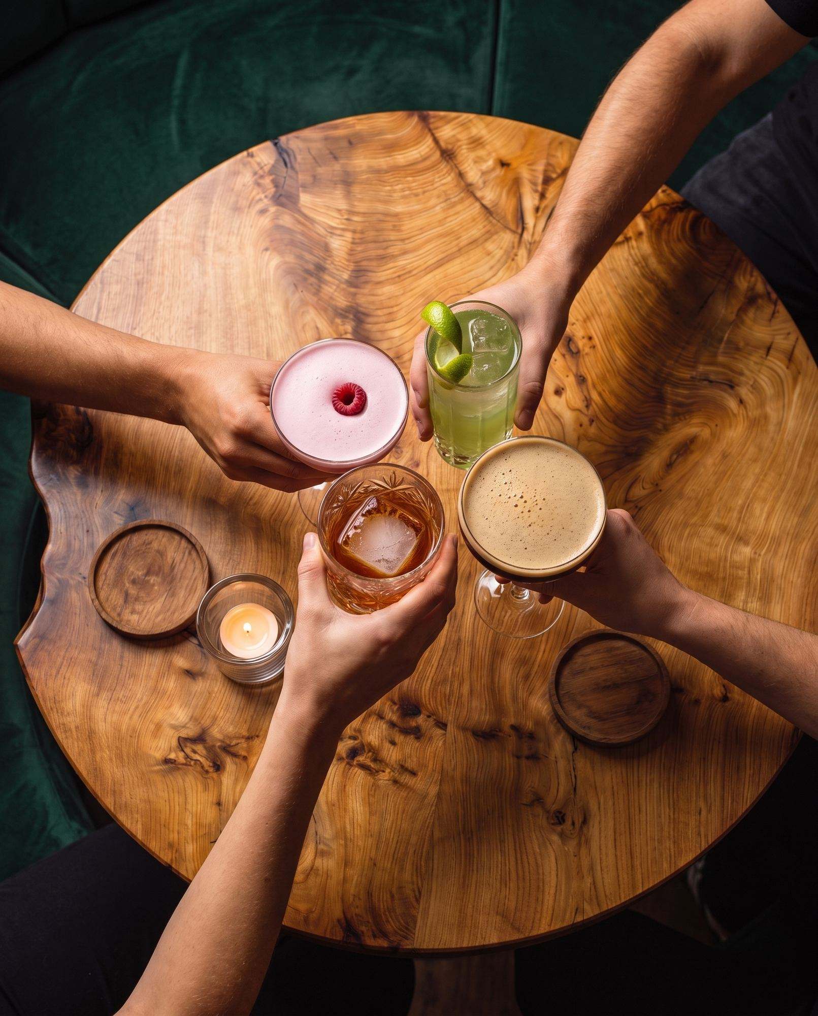 Cocktails on a round elm table