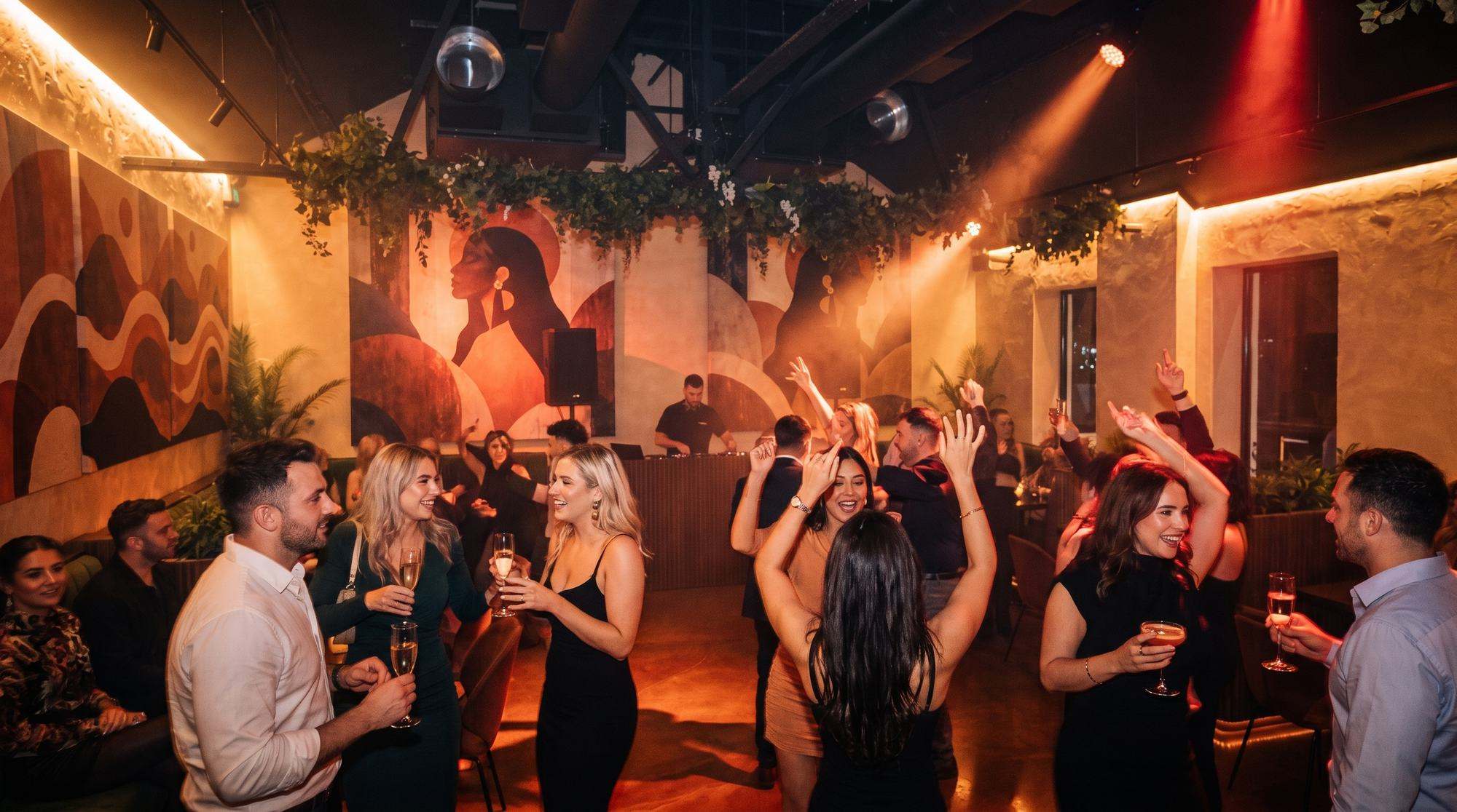 The floor full in front of the murals, hands up