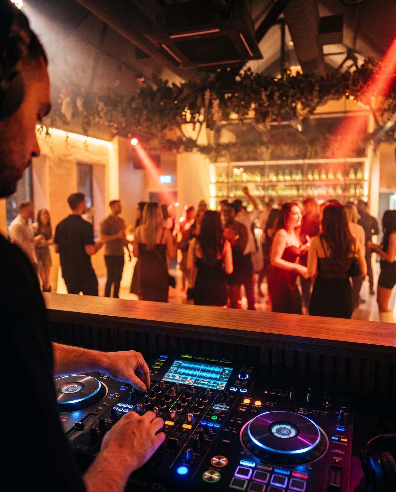 A DJ's hands on the mixer, the floor busy beyond