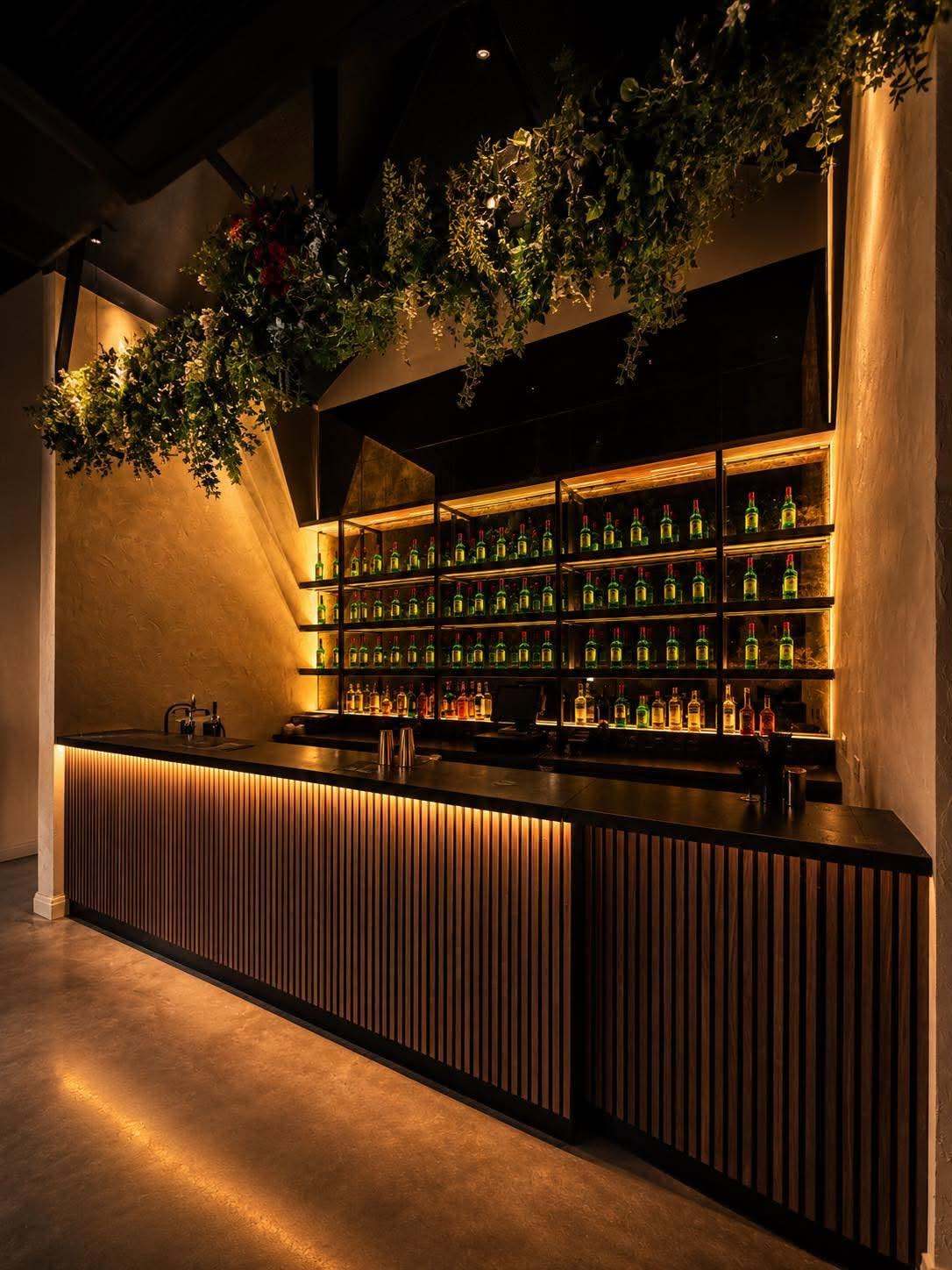 The back bar lit amber